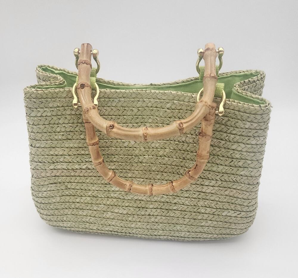 Vintage Straw Handbag With Bamboo Handles Green Purse Bag